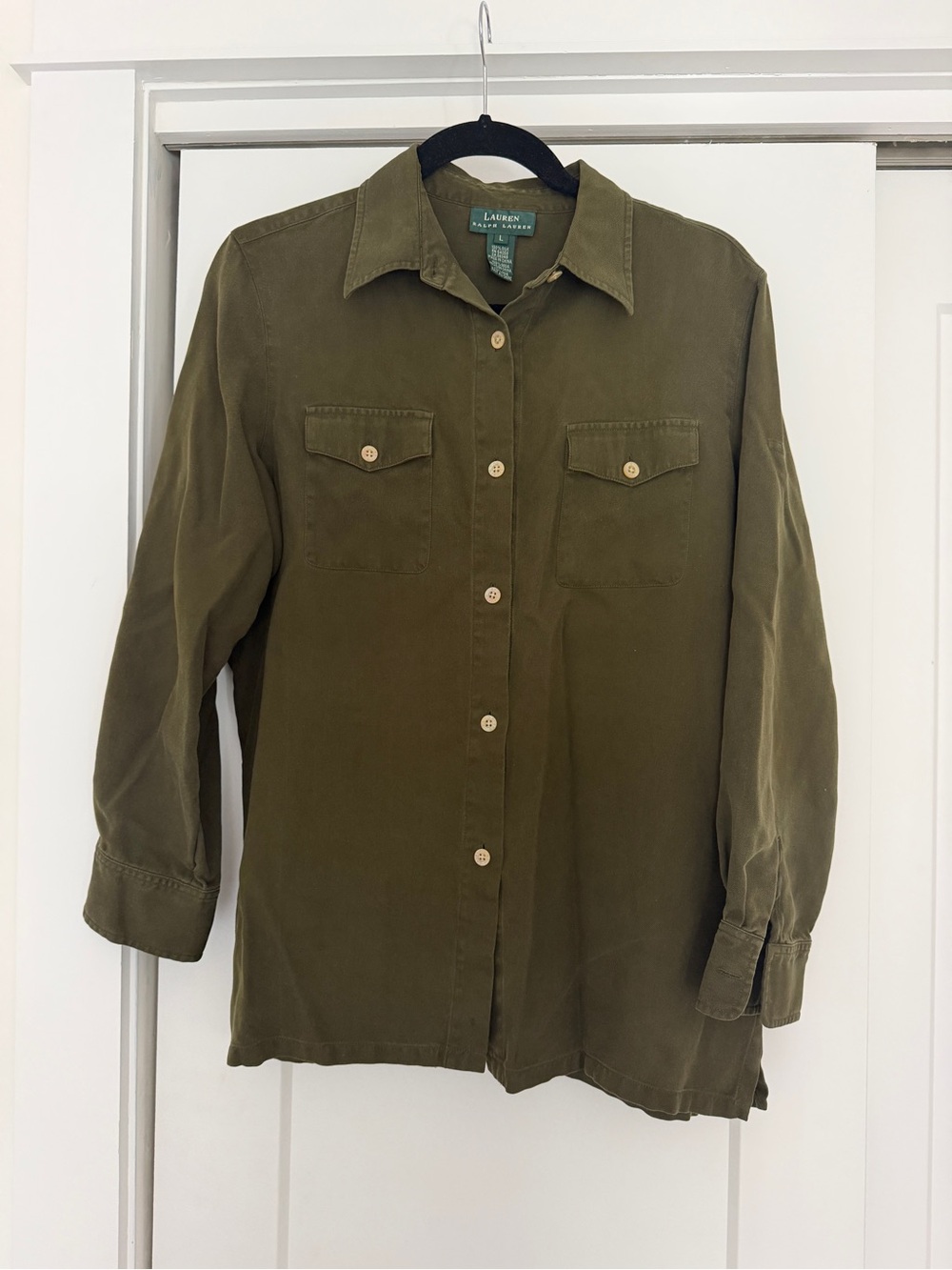 100% Silk Ralph Lauren Olive Utility Button-Down Shirt